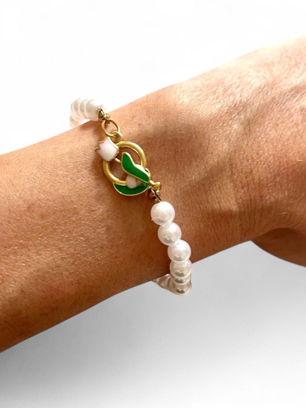 Green and White Faux Pearl Flower Bracelet - Women Jewelry